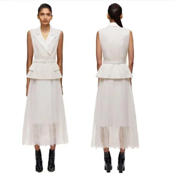 Self-Portrait Lace-Trimmed Bouclé & Chiffon Midi Dress – Size 2 - Picture 3 of 16